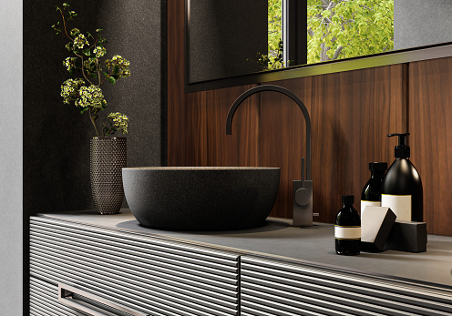 Luxurious dark bathroom with natural stone tiles and wood. Modern Scandinavian bathroom concept. 3d rendering