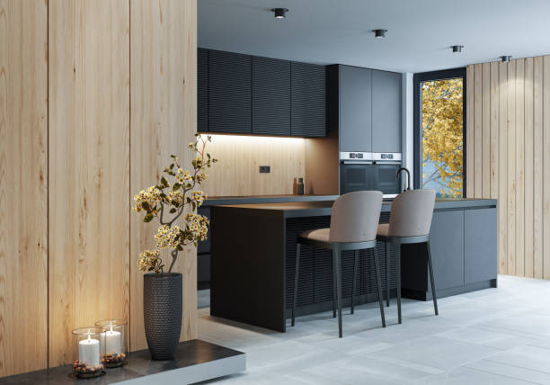 istock Modern minimalist kitchen with long island 1454303191