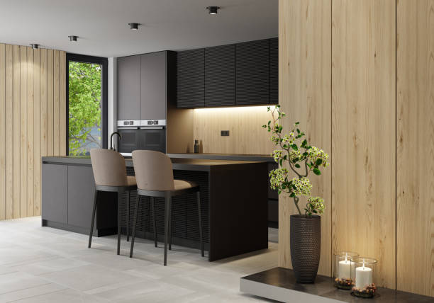 istock Modern minimalist kitchen with long island 1454303194