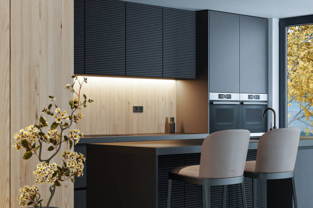 Modern minimalist kitchen with long island stock photo
