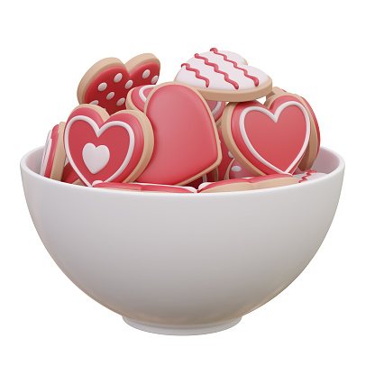 3d rendering heart cookies in a bowl white color have clipping path