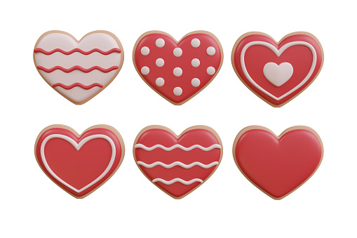 3d rendering cute heart cookies red and white color have clipping path
