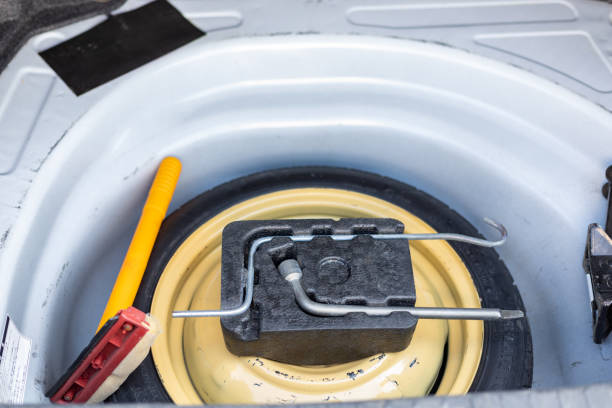 istock Windshield cleaning wiper and spare tyre with tyre changing tools 1454304148