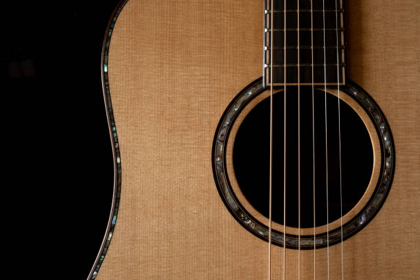 istock Classic Acoustic guitar close up, dramatically lit on a black background with copy space 1454306116