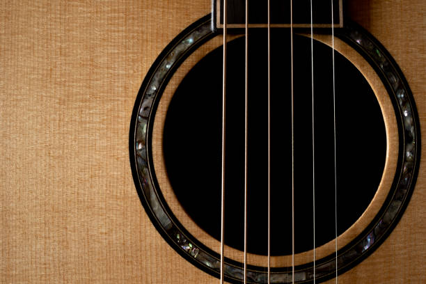 Classic Acoustic guitar close up, dramatically lit on a black background with copy space