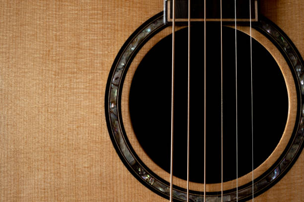 istock Classic Acoustic guitar close up, dramatically lit on a black background with copy space 1454306118