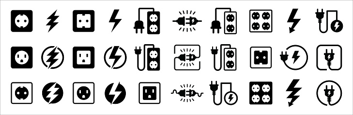 Electric power plug icon set. Electricity wire cord socket sign. Electrical symbol element. Vector stock illustration. Thunder bolt lightning icons set.