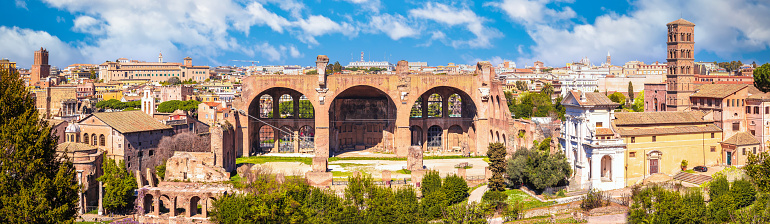 Historic Roman Forum in Rome scenic springtime panoramic view, eternal city of Rome, capital of Italy