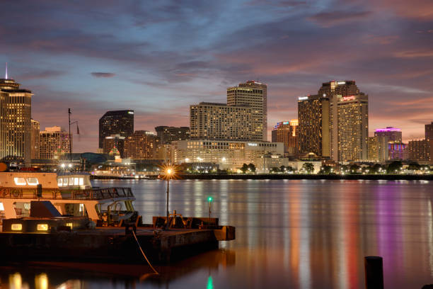 New Orleans, Louisiana - Jul 3, 2022: The New Orleans downtown harbor view from Old Algiers ferry, Mississippi River.