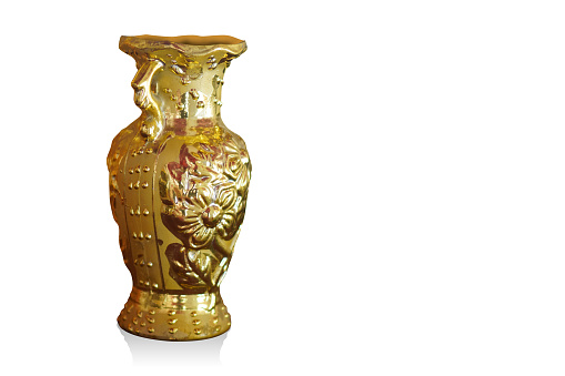 beautiful gold large vase on white background, object, decor, vintage, fashion, modern, copy space