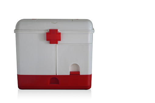 front view red and white plastic box on white background, object, container, comfortable, keep, banner, template, copy space