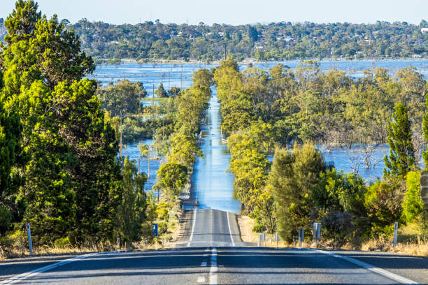 istock Looking down flooded tree-lined major Riverland highway on River Murray in South Australia 1454309861