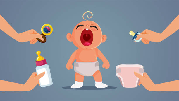 Family Relatives Guessing Why the Baby is Crying Vector Cartoon Funny infant making his parents guess what he needs crying baby cartoon stock illustrations