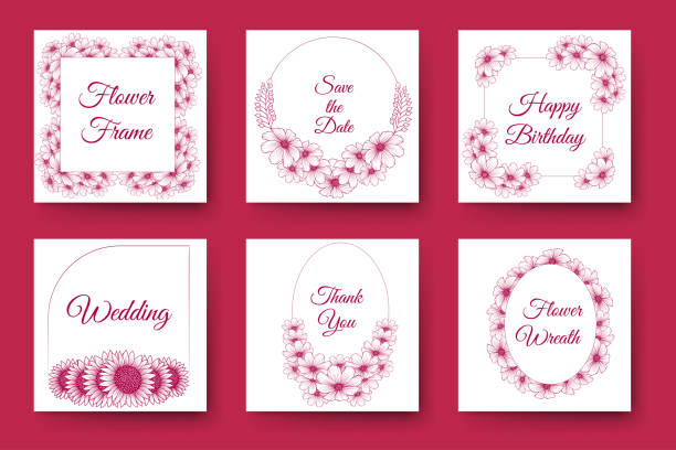 цветы и цветочный венок свадебный пригласительный каркас дизайн с элегантным пурпурным фоном viva - viva magenta stock illustrations