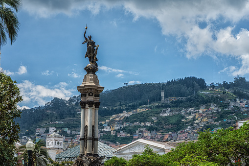 Monument to the independence heroes in center of Quito at Plaza Grande, Ecuador