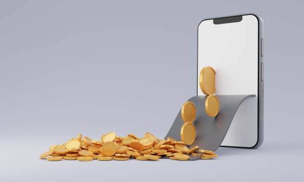 istock Smartphone with blank display and coins stack, digital wallet.Shopping mobile app Cashback and banking,money-saving.Mock up empty screen copy space,3D rendering illustration 1454319969