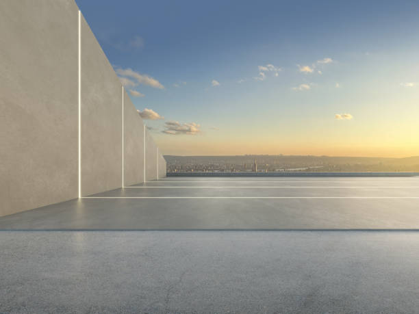 istock 3d render of abstract futuristic architecture with concrete floor. 1454321157