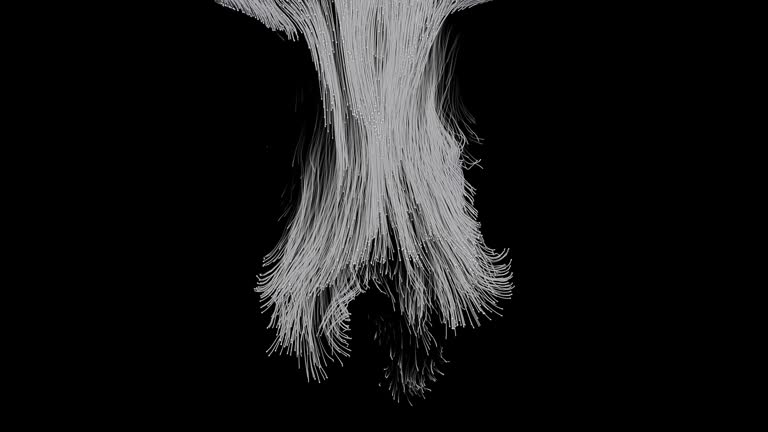 Thick stream of threads from top monochrome on black background with Alpha Channel. Combustion Physics. Graphical representation of physical phenomena. Physics of Motion and Interaction. 3D animation