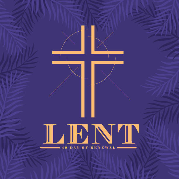Lent, 40 day of renewal text and gold cross crucifix sign with line radiate shine on purple plam leaves texture background vector design Lent, 40 day of renewal text and gold cross crucifix sign with line radiate shine on purple plam leaves texture background vector design lent season stock illustrations