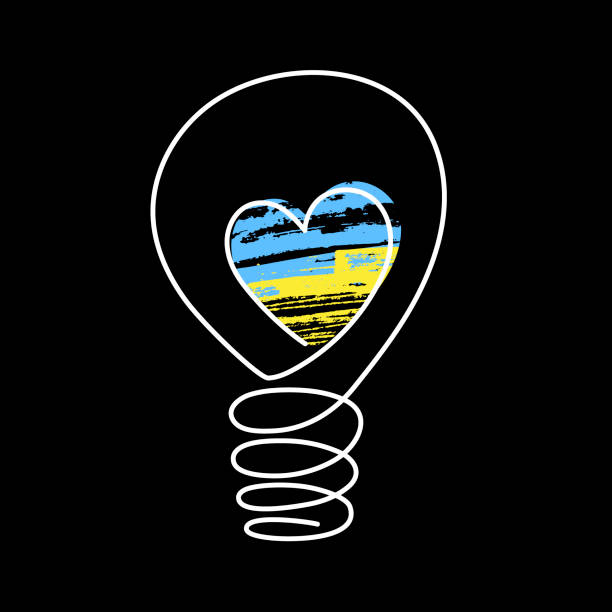 illustrazioni stock, clip art, cartoni animati e icone di tendenza di lampadina doodle, dispositivo elettrico disegnato a mano con cuore blu-giallo, concetto di interruzione di corrente. segno di scoperta scientifica, intuizione. decorazione per blackout in ucraina.tratto modificabile. - light bulb inspiration ideas inks on paper