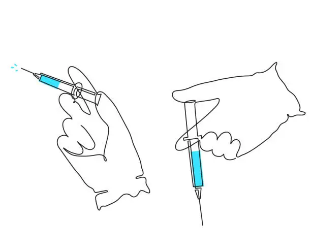 Vector illustration of Gloved hands holding syringe, one line art, continuous drawing contour.Coronavirus vaccination, health care injection, treatment,beauty shot.Medical concept,injection dose.Editable stroke.Vector