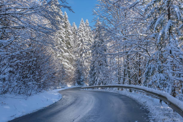 istock Mountain road in beautiful winter scenery landscape, snowcapped trees under bright sunny light in frosty morning, alpine panoramic view snow capped mountains in background 1454326426