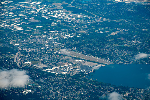 Aerial view of Renton Wa, including surrounding areas and part of Lake Washingtopn