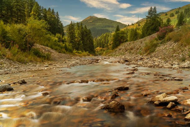 beautiful sunset mood in pragelato Chisone river. Smooth water
