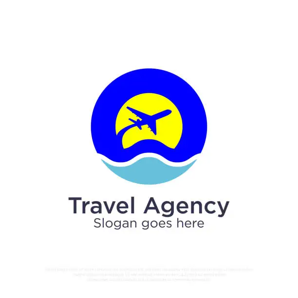 Vector illustration of Modern Travel Agency logo design with logo with a plane around the sun over the sea in the circle shape