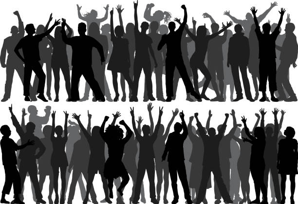 illustrazioni stock, clip art, cartoni animati e icone di tendenza di folla (tutte le persone sono uniche, complete, mobili e altamente dettagliate) - cheering group of people silhouette fan