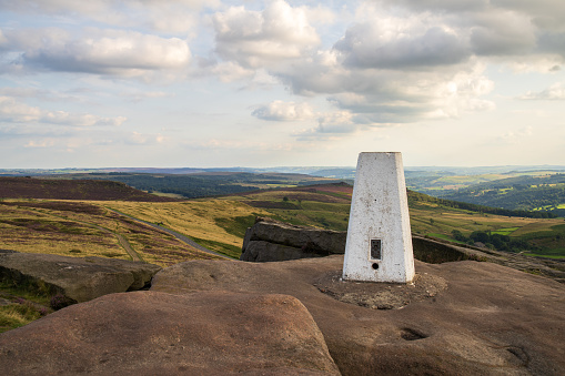 The trig point on the summit of White Edge at Peak District National Park, Derbyshire, England, UK