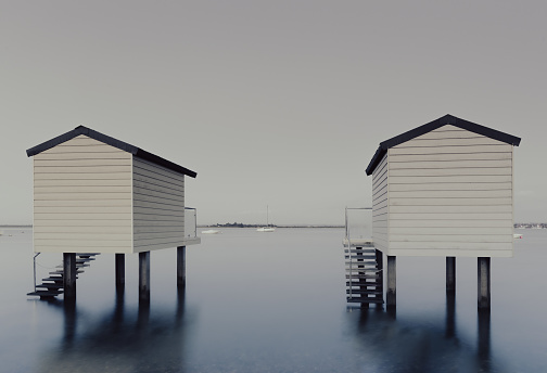 A long exposure shot of the Beach Huts in Osea, Essex, United Kingdom
