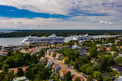 Maarianhamina, Finland – June 27, 2021: The cruise liners parked at the Maarianhamina harbor, in Aland, Finland.