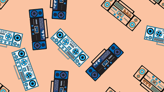 Seamless pattern endless with music audio cassette old retro tape recorders vintage hipster from 70s, 80s, 90s isolated on brown background. Vector illustration.
