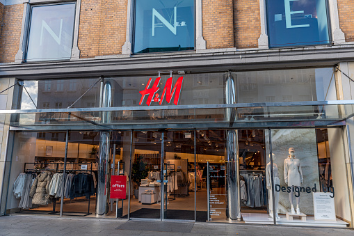 Aarhus, Denmark – October 18, 2021: The entrance of Swedish multinational retail-clothing company HM