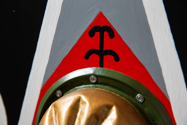 istock Front view of an old wooden medieval shield 1454335241