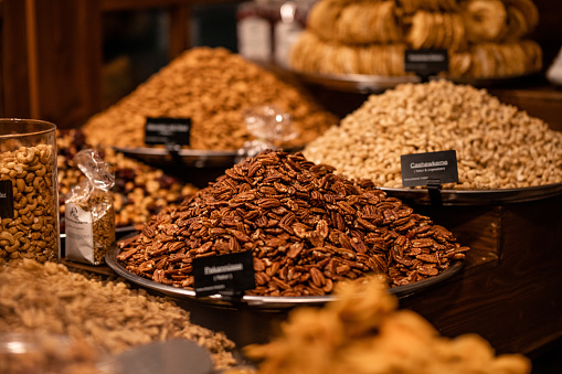 Tabriz, East Azerbaijan province, Iran - March 15, 2018: Nuts and dried fruits in Tabriz Grand Bazaar is one of the oldest bazaars in the Middle East.