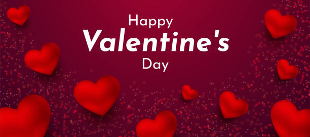 istock Happy Valentine's day, 3d red hearts with bokeh lights. Romantic quote postcard, card, invitation, banner template. Vector illustration. 1454337110