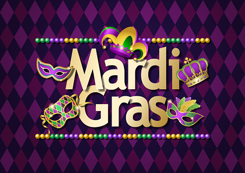 An invitation to the Mardi Gras Carnival with party masks, jester's hat, head wear, crown and beads on the purple color diamond shaped pattern