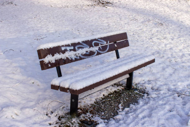 wooden park benches covered with snow. cold winter day.