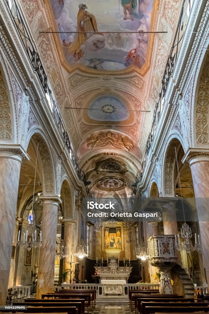 Interior of the Cathedral of Noli, a town in the province of Savona Nave of the Cathedral of Noli Architectural Column Stock Photo