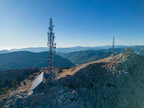Communications Tower in field. Antalya, Turkey. Taken via drone.