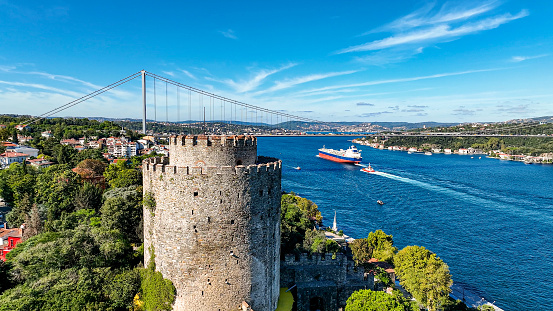 Aerial view of Rumeli Fortress and Istanbul Bosphorus, Rumeli Fortress Castle, Historical Istanbul Castle, Aerial view of Istanbul, Istanbul Rumeli Fortress area, Bosphorus Bridge view, colorful Istanbul landscape, Haunted Mansion Istanbul
