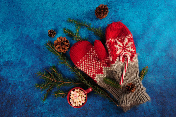 istock Knitted grey and red mittens, pine twigs and cup with tiny marshmallows on a blue surface 1454341103