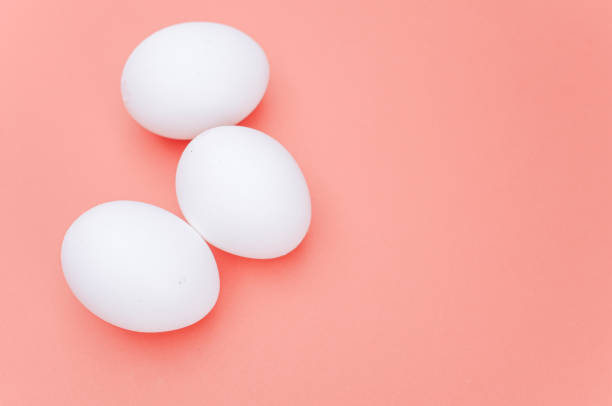 istock isolated white eggs on a white and salmon pink background with text space 1454341154