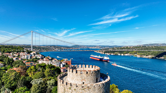 Aerial view of Rumeli Fortress and Istanbul Bosphorus, Rumeli Fortress Castle, Historical Istanbul Castle, Aerial view of Istanbul, Istanbul Rumeli Fortress area, Bosphorus Bridge view, colorful Istanbul landscape, Haunted Mansion Istanbul