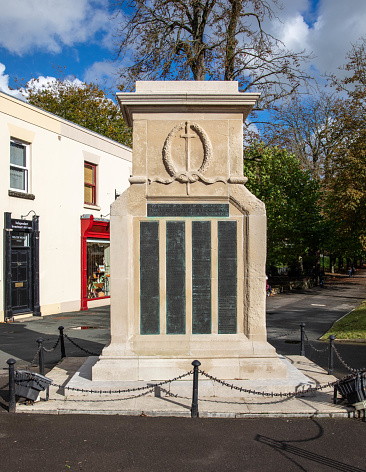 Dorchester, United Kingdom – October 25, 2021: A vertical shot of the war memorial in the town of Dorchester