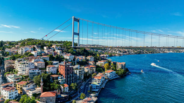 vista aérea de istambul, área da fortaleza de ruméli de istambul, vista da ponte do bósforo, paisagem colorida de istambul, mansão assombrada istambul, beira-mar do bósforo de istambul, perili kösk - aerial view bosphorus bridge bosphorus bridge - fotografias e filmes do acervo