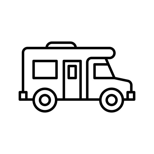 ilustrações de stock, clip art, desenhos animados e ícones de caravan car line icon. mobile home or camper. motor home. - motor home mobile home isolated vehicle trailer
