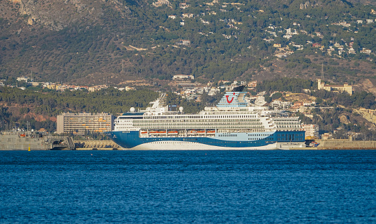 Malaga, Spain – November 03, 2021: Cruise ship of TUI leaving port of Malaga, Andalucia,  Spain.